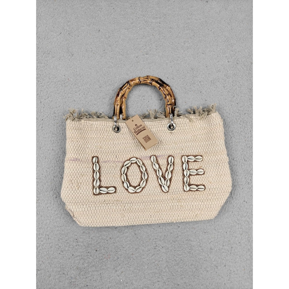 Beach Queen Tote Bag Womens Large Beige LOVE Shell‎ Bamboo Handles Woven Beach